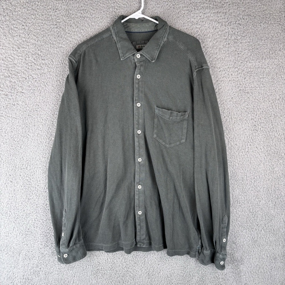 32 Bar Blues Shirt Mens XL Green Waffle Knit Button Shirt Cotton Stretch‎ Pocket